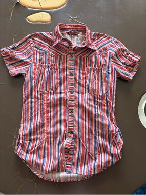 Striped Short-Sleeve Button-Up Blouse in Red, White & Blue